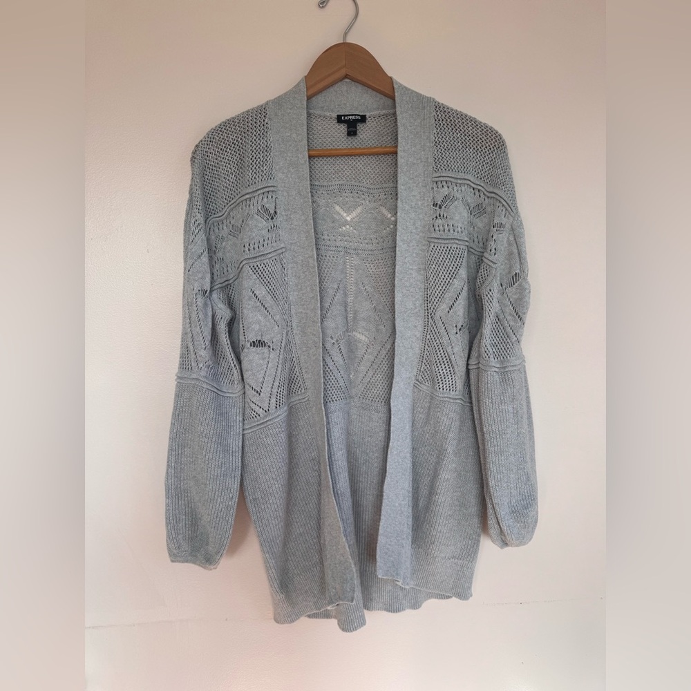 Express Cotton Light Gray Open Knit Drape Crochet Long Cardigan Medium